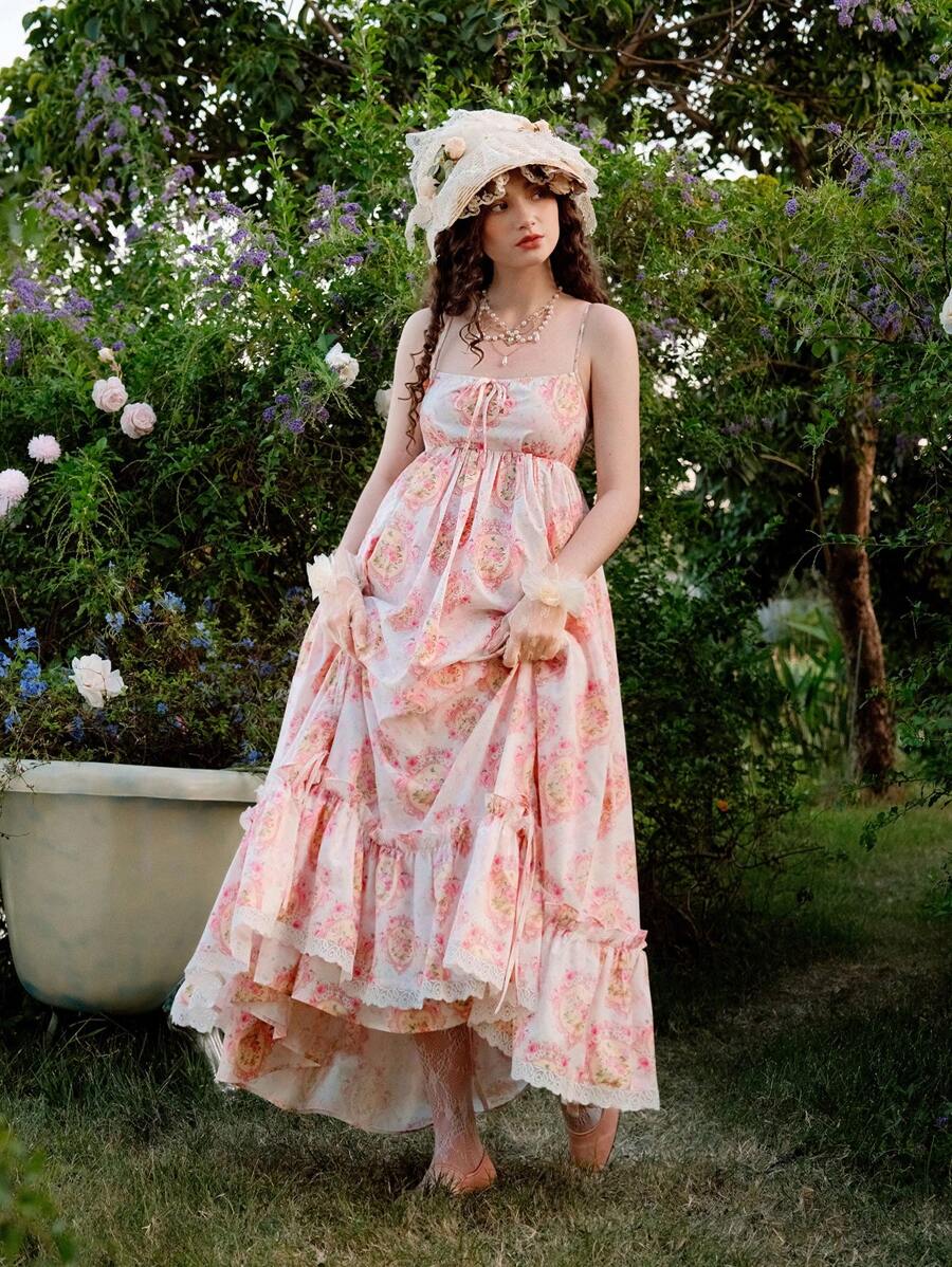 SHEIN MOD 粉色花卉印花法式宫廷浪漫长裙连衣裙，夏威夷女式连衣裙，度假连衣裙，露肩连衣裙，女士连衣裙，女士派对连衣裙，女士优雅连衣裙 - 彩色 - 查看 1