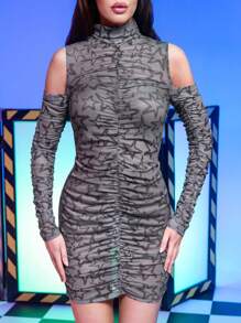 FREAK CITY Designer Elegant Women's Turtleneck Mesh Ruched Sexy Party Dress, Holiday, Vacation Outfit, Birthday Outfits, Spring, Beach, Festival, Ibiza Fits, Wedding, Prom Dress