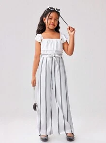 SHEIN Conjunto de 2 piezas para niñas y niñas pequeñas: Top con mangas abullonadas de efecto metálico brillante combinada con falda plisada en línea A, de tela cómoda y suave, adecuada para ocasiones casuales, salidas, fiestas, vacaciones y la escuela