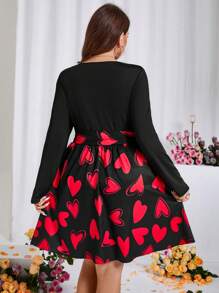 SHEIN Clasi Plus Size Heart Print Round Long Sleeve Belted Dress, For Spring, Valentine's Day - Red - View 2