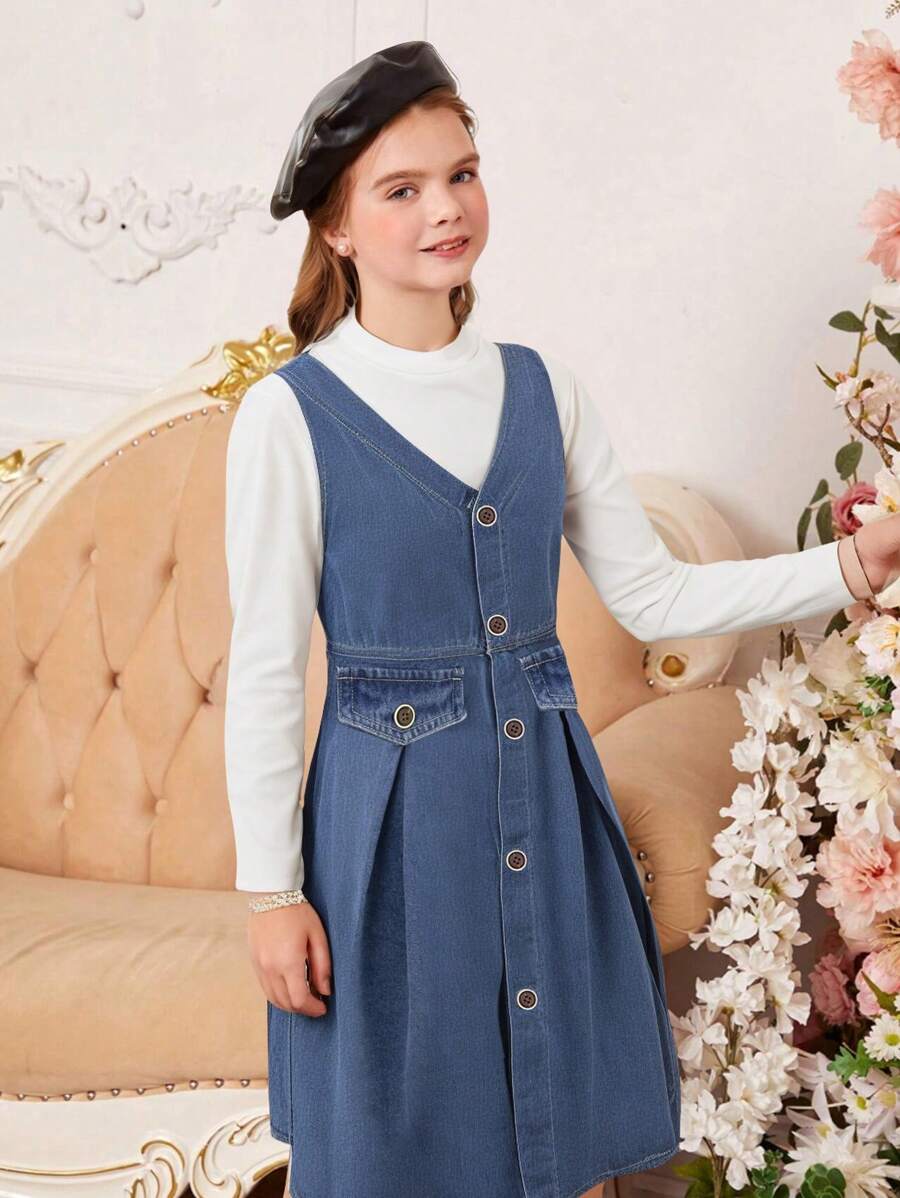 Tween Girls New Korean Style Denim Vest & Denim Dress Set, Fashion - Multicolor - View 1
