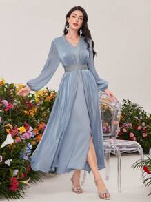 Al Najma 女士两件套：灯笼袖长款和服和 V 领连衣裙 - 藍色 - 查看 7