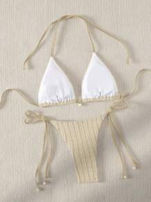 SHEIN Swim 夏季海灘女性時尚純色紋理比基尼套裝 - 卡其色 - 查看 2