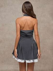 SHEIN BAE Women's Lapel Neck Single-Breasted Ruffle Hem Halter Fashionable Dress Old Money Style Women Christmas Clothes Women New Years Women Outfit Winter Dresses For Women Dresses For Women Elegant Birthday Dresses For Women Business Casual Woman Birthday Outfits For Women Winter Outfits For Women Dresses For Women Party