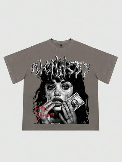 Street Life Vintage verwaschenes Portrait Muster Herren T-Shirt, Sommer