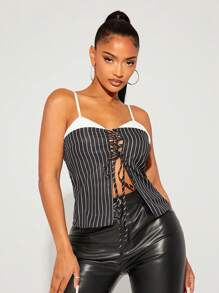 SHEIN SXY Fall Winter Clothes Women's Spaghetti Strap V-Neck Patchwork Criss-Cross Striped Camisole