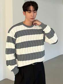 DAZY 休闲男士灰白条纹套头衫，简约时尚日常穿着，秋冬 - 彩色 - 查看 8