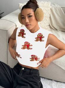SHEIN Unity Christmas Women Fashionable Gingerbread Pattern Sweater Vest - White - View 4