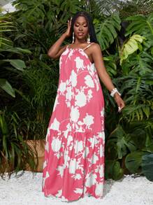 Slaydiva 夏季假期薄款吊带 A 字下摆长裙绿色植物全身印花女士连衣裙 - 西瓜粉 - 查看 4