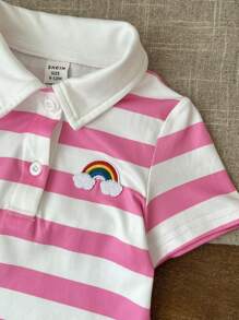 SHEIN LMoss Kids 女婴可爱夏季针织条纹彩虹印花翻领背心裙