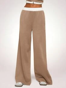 Forever 21 Calça Feminina Casual de Perna Larga com Cintura Elástica e Contraste de Cores - Caqui - Visão 8