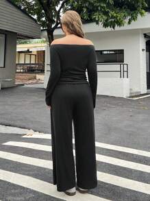 SHEIN EZwear 大码女式套装，露肩长袖纯色 T 恤和裤子，休闲两件套服装，秋季 - 黑色 - 查看 7