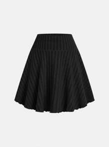 SHEIN Tween Girls Knitted Ribbed Asymmetrical Swing Fitted Top & High Waist A-Line Skirt Casual Set - Black - View 8