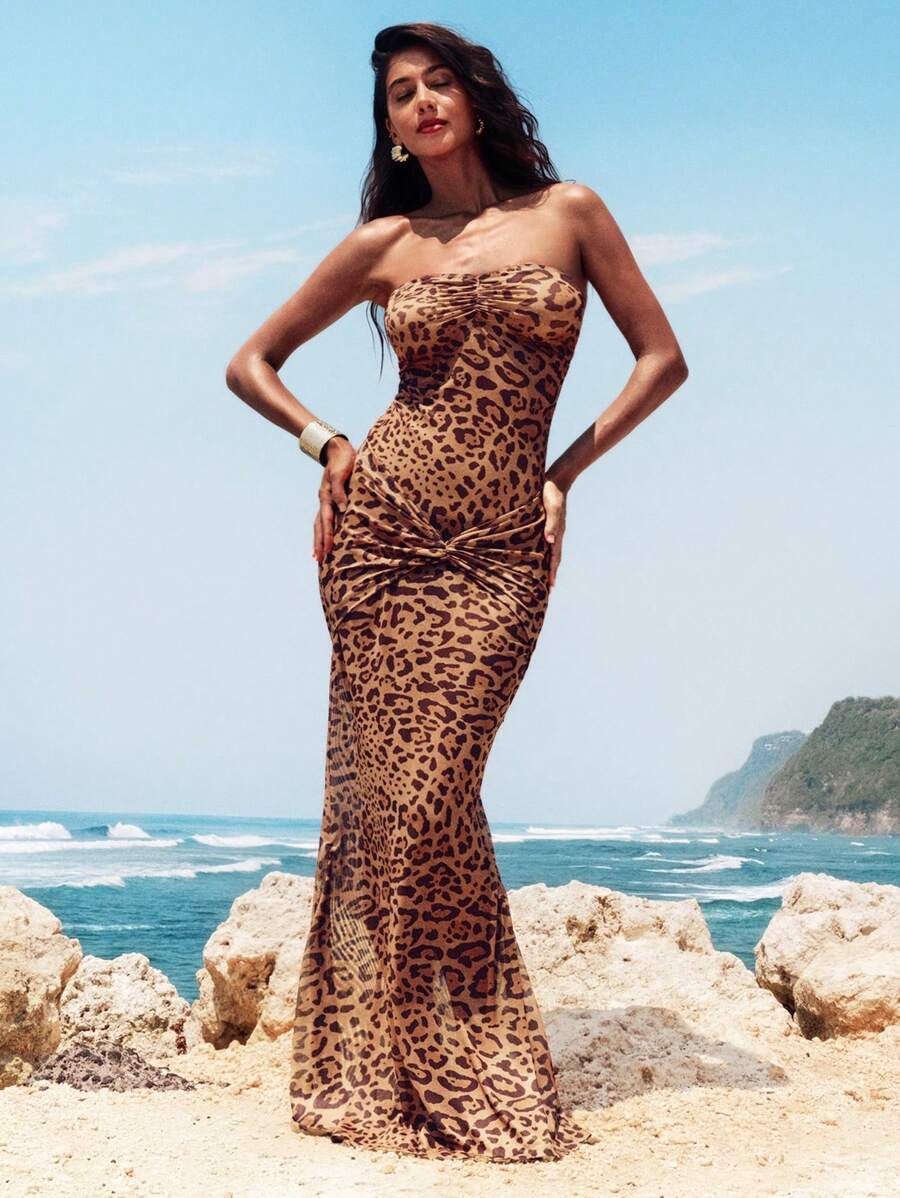 Opulessa Leopard Print Mesh Bandeau Dress For Women, Vacation Style - Multicolor - View 1