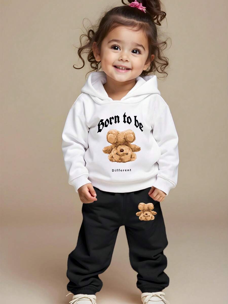 Casual Bear Graphic Print Crew Neck Long Sleeve Pullover Sweatshirt Set