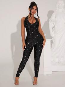 SHEIN SXY Women's Diamond Design Halter-Neck Skinny Jumpsuit - Black - View 1