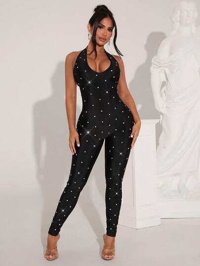 SHEIN SXY Women's Diamond Design Halter-Neck Skinny Jumpsuit