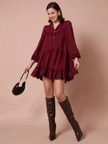 Enchnt Vestido Casual Feminino de Cor Sólida com Babado, Outono - Vinho - Visão 3