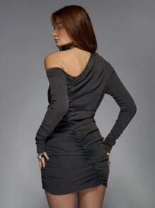 MISSGUIDED Long Sleeve Ruched Mini Dress One Shoulder Asymmetric Bodycon Ribbed Knit Party Club Night Out Fall Winter Special Occasion Form Fitting - Grey - View 2
