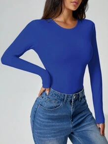 SHEIN PETITE CURVE Plus Size Women Solid Color Fitted Long Sleeve Bodysuit - Royal Blue - View 7