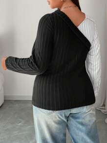 Calvaya Plus Size Women Casual Fleece Knitted Colorblock Striped False Shirt Top, Autumn/Winter - Multicolor - View 2