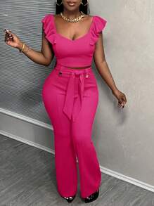 Slaydiva Elegant Sexy Commuter Red Solid Sleeveless Ruffle Trim Camisole Tank Top And Skinny Self-Tie Waist Straight Leg Pants Set - Z