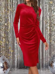 SHEIN Clasi Velvet Twist Knot Bodycon Dress, Christmas Dress For Women,Christmas Women Green Dress