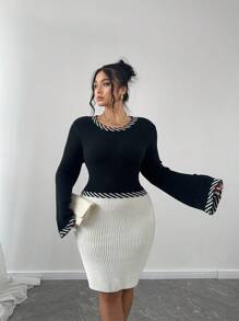 Franclia Vestido de suéter ajustado con mangas abombadas y bloque de color, informal para otoño/invierno, talla grande