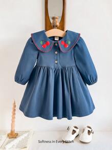 Cozy Pixies Baby Girl Strawberry Embroidery Peter Pan Collar Denim Effect Long Sleeve Waist Wrap Front Dress, Cute Casual Wear For In & Outdoor
