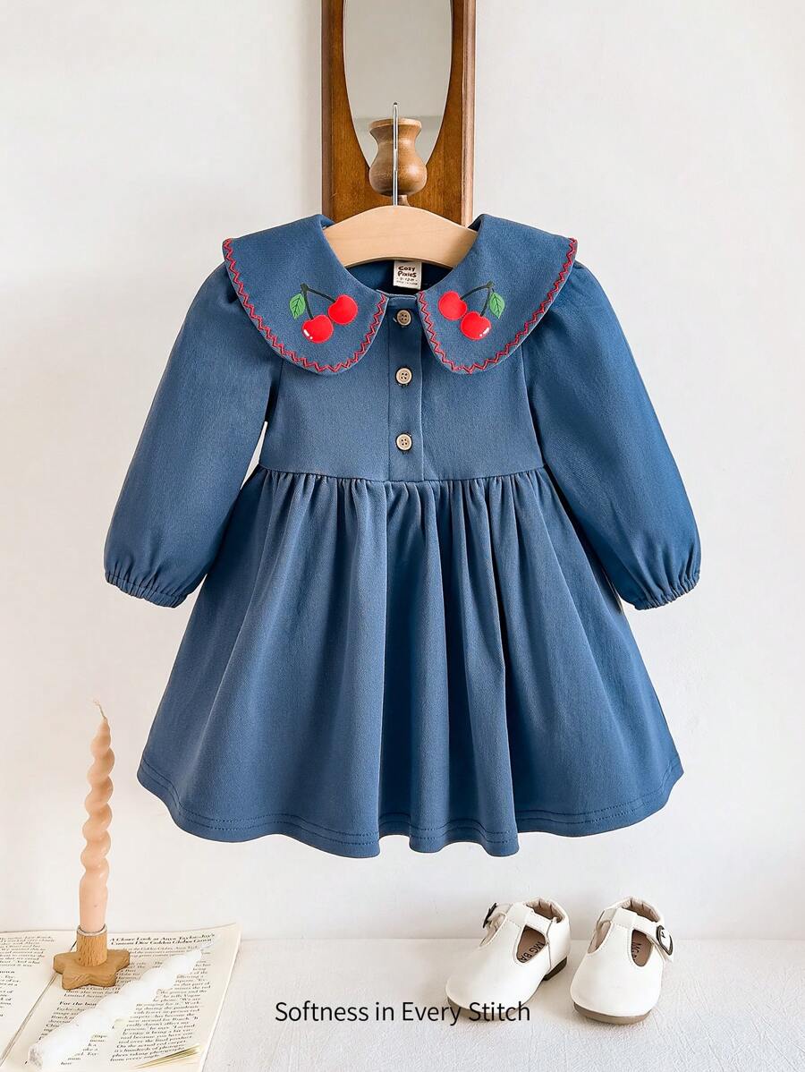 Cozy Pixies Baby Girl Strawberry Embroidery Peter Pan Collar Denim Effect Long Sleeve Waist Wrap Front Dress, Cute Casual Wear For In & Outdoor