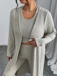 Flirla Women Plus Size Solid Color Long Sleeve Open Front Jacket, Round Neck Cropped Vest And Pants Casual 3-Piece Set, Autumn - Grey - View 7
