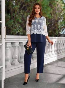 EMERY ROSE 2pcs/Set Plus Size Women Embroidered Round Neck 3/4 Sleeve Top And Pants Set,Christmas Clothes Women