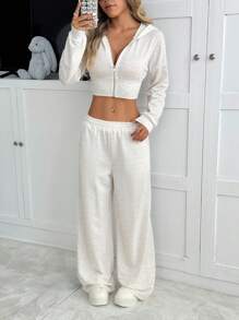 SHEIN EZwear Set casual da donna composto da 2 pezzi, maglia con chiusura lampo e cappuccio a maniche lunghe con spalle scoperte e pantaloni, adatto per l'autunno