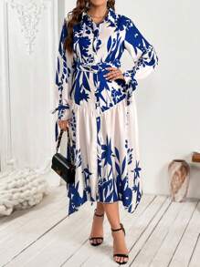 Flirla Plus Size Front Button Long Sleeve Floral Print Casual Dress Maxi Women Outfit - Multicolor - View 4