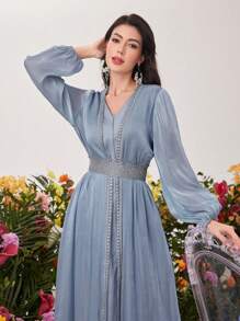 Al Najma 女士两件套：灯笼袖长款和服和 V 领连衣裙 - 藍色 - 查看 6