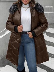 SHEIN LUNE Plus Size Winter Clothes Casual Hooded Coat With Fur Collar - Chocolate Brown - View 4