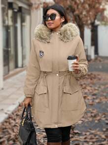 Calvaya Manteau rembourré à zip avec capuche en peluche et empiècement, pour vêtements d'hiver, grande taille