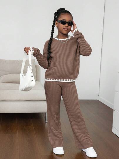 Sparklyn Tween Girls Minimalist Contrast Trim Khaki Knit Sweater & Pants Set, Ideal For Casual Wear In Autumn/Winter