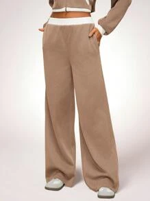 Forever 21 Calça Feminina Casual de Perna Larga com Cintura Elástica e Contraste de Cores - Caqui - Visão 4
