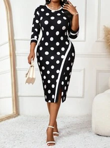 Fleurora 大码波尔卡圆点印花黑白圆领撞色绑带开衩中长连衣裙七分袖优雅连衣裙 - 黑與白 - 查看 4