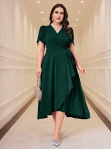 Modelyn Plus Size V-Neck Short Sleeve Solid Color Casual Dress, Minimalist Style For Daily Wear - Dark Green - View 8
