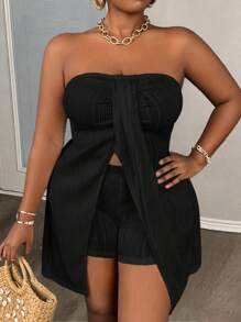 Slaydiva Casual Basic Short Sleeve Zip Jacket & Pants 2pcs Set, Plus Size Women - Black - View 3