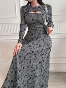 Modelyn 女士花卉提花镂空圆领长袖连衣裙长款晚礼服 - 藍色 - 查看 4