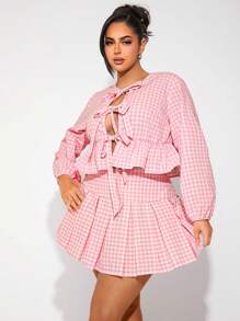 SHEIN SXY Plus Size Women Plaid Cardigan With Tie Cuffs And Plaid Pleated Mini Skirt 2 Pieces Set