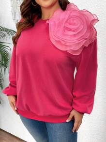 SHEIN Clasi Sweatshirt à col ras-du-cou à manches longues pour femme grande taille avec appliqué 3D en forme de rose - Rose vif - Voir 4