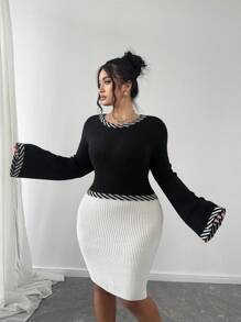 Franclia Vestido de suéter ajustado con mangas abombadas y bloque de color, informal para otoño/invierno, talla grande