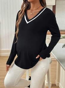 SHEIN Maternity Women Contrast Ribbed Trim V-Neck Knit T-Shirt - Black - View 3