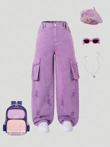 SHEIN Explorewe Tween Girls Elastic Waist Street Punk Ripped Distressed Loose Comfy Multi-Pocket Purple Denim Cargo Pants - Purple - View 1