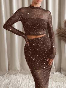 SHEIN Clasi Women's Fashionable Net Fabric Rhinestone Embellished 2 Pieces Outfit For Everyday Wear, Autumn/Winter - Coffee Brown - View 5