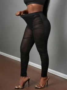 Slaydiva Leggings de mujer con cintura elástica de un solo color y malla transparente - Negro - Ver 4